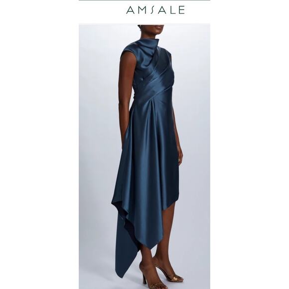 Amsale Womens Dress 4 Green Handkerchief Hem Dress Satin Evening Cocktail New - Picture 2 of 15